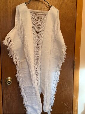 White Fringe Open-Front Knit Poncho